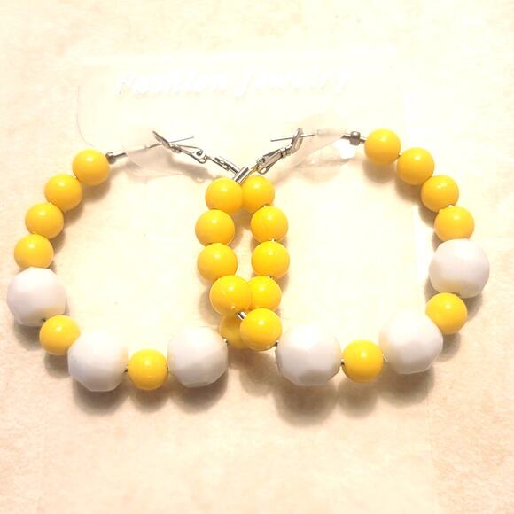 Yellow White Hoop Earrings 2" Retro Bold Funky Y2K Festival Pierced 80's Acrylic - Picture 6 of 6